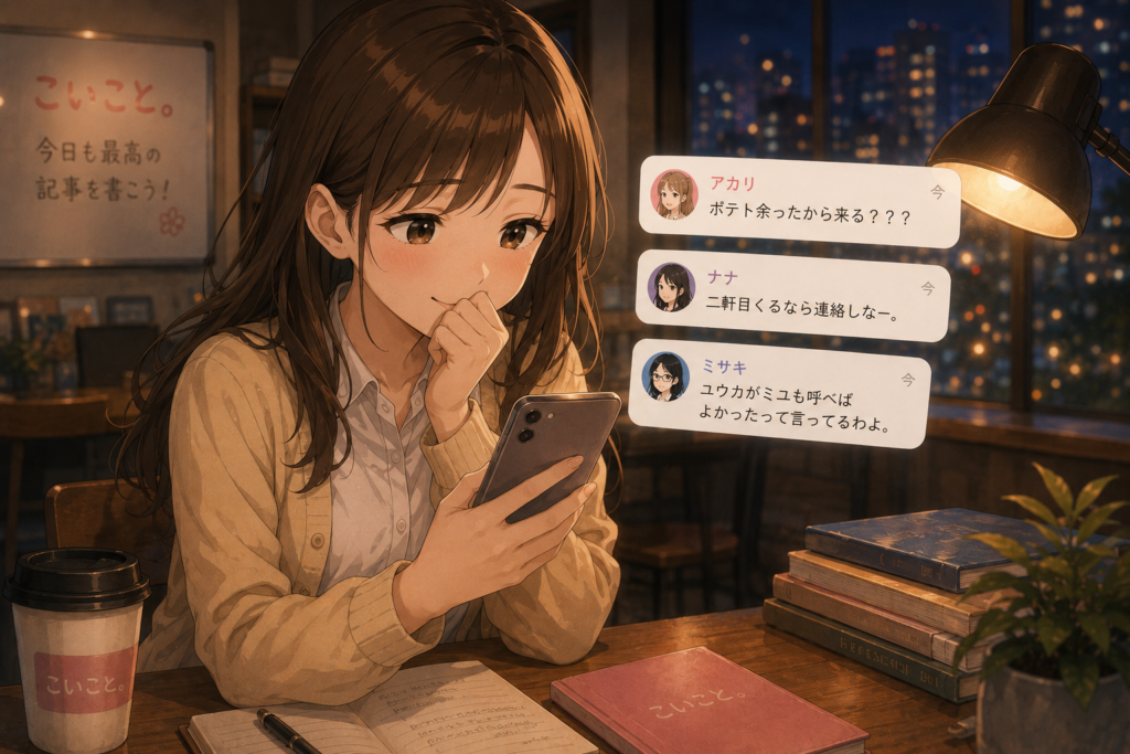 みんなからお誘いのLINEが来て孤独じゃないと気づくミユ。
