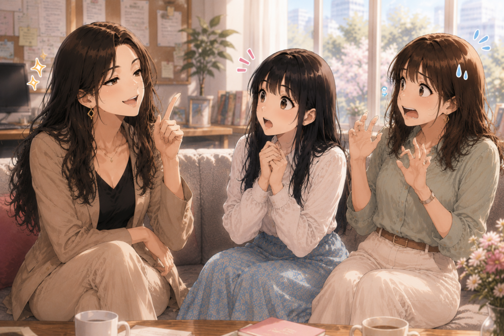 今回の恋バナを記事にすると宣言するミサキ。焦るユウカと驚くツムギ？