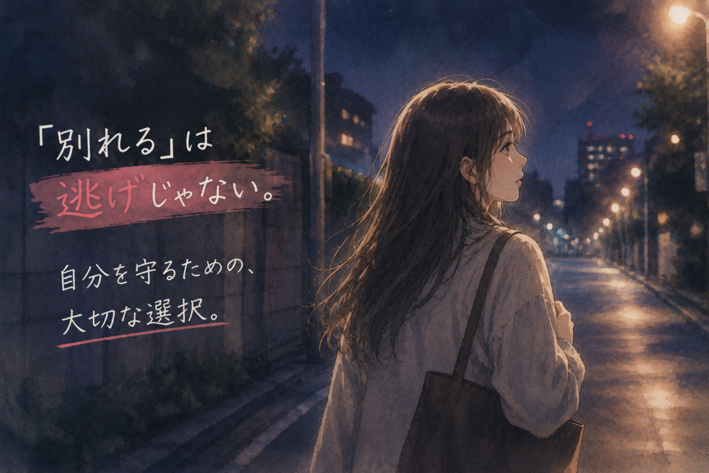 モラハラ彼氏から離れて夜道を歩く女性。テキストで別れは逃げじゃないと表示。