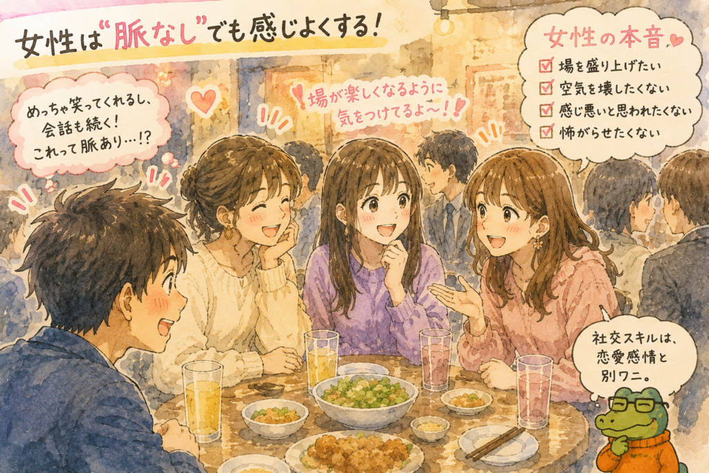 合コンで楽しそうな女性。脈なしでも感じよくすることを表現。