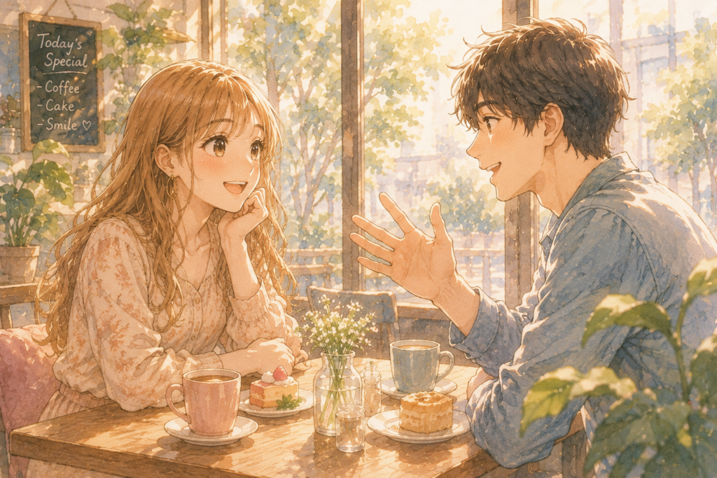 会話を楽しむ男女。初デートでは楽しそうにすることや聞き上手でいる方が大切である。