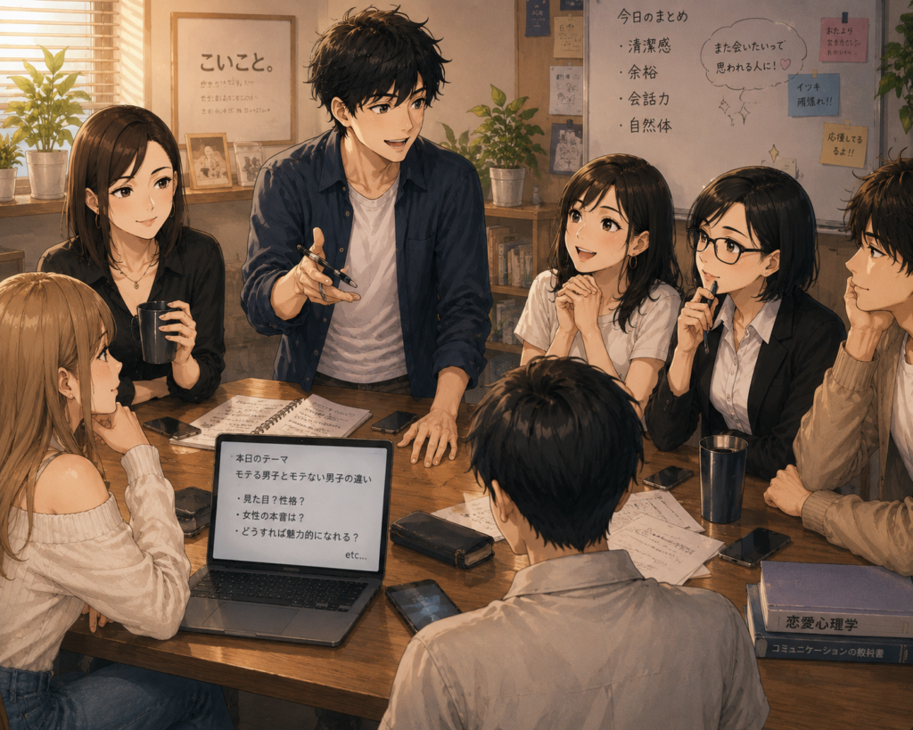座談会の司会進行をするイツキ。参加するこいこと。メンバーたち。
