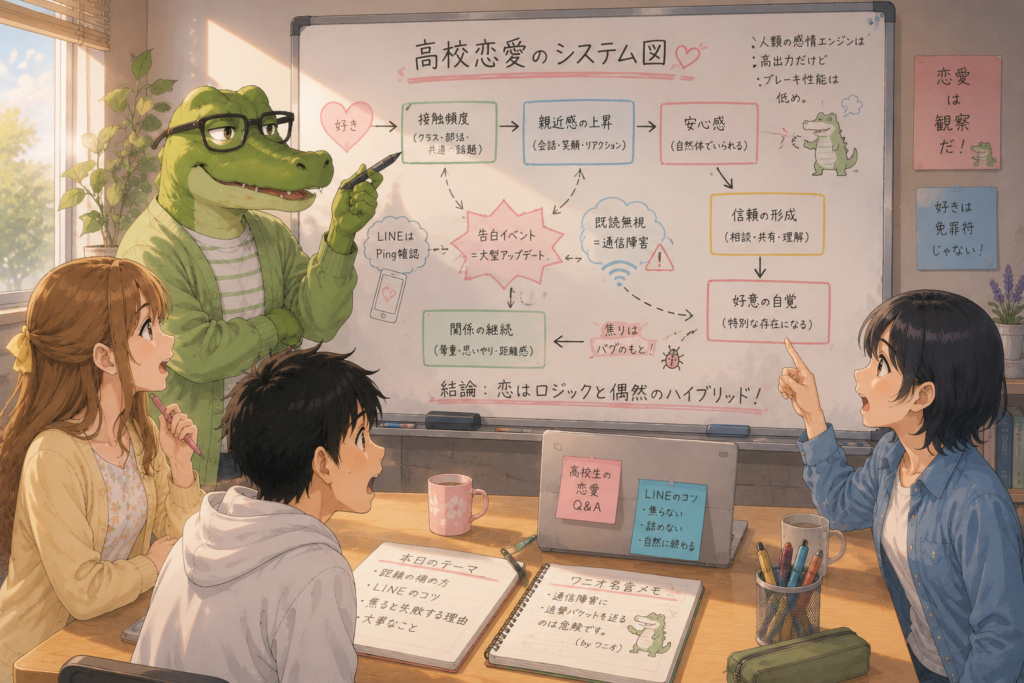 高校生の恋愛についてレクチャーするワニオ。それを聞くアカリとハルキとシュウ。