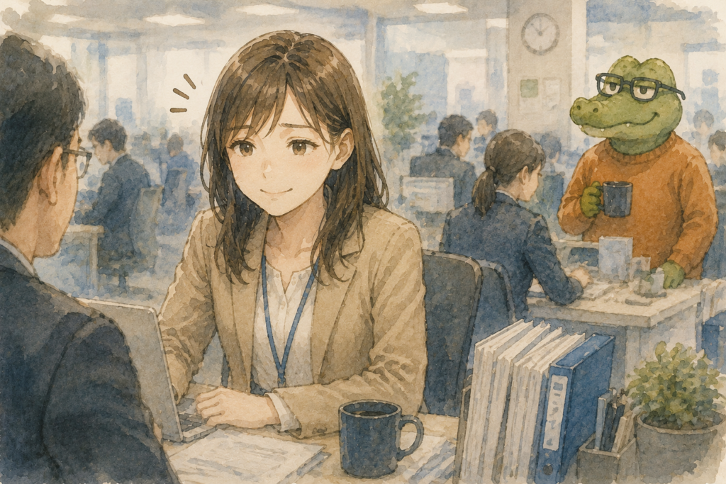 いい人を演じて疲労する女性。観察するワニオ。