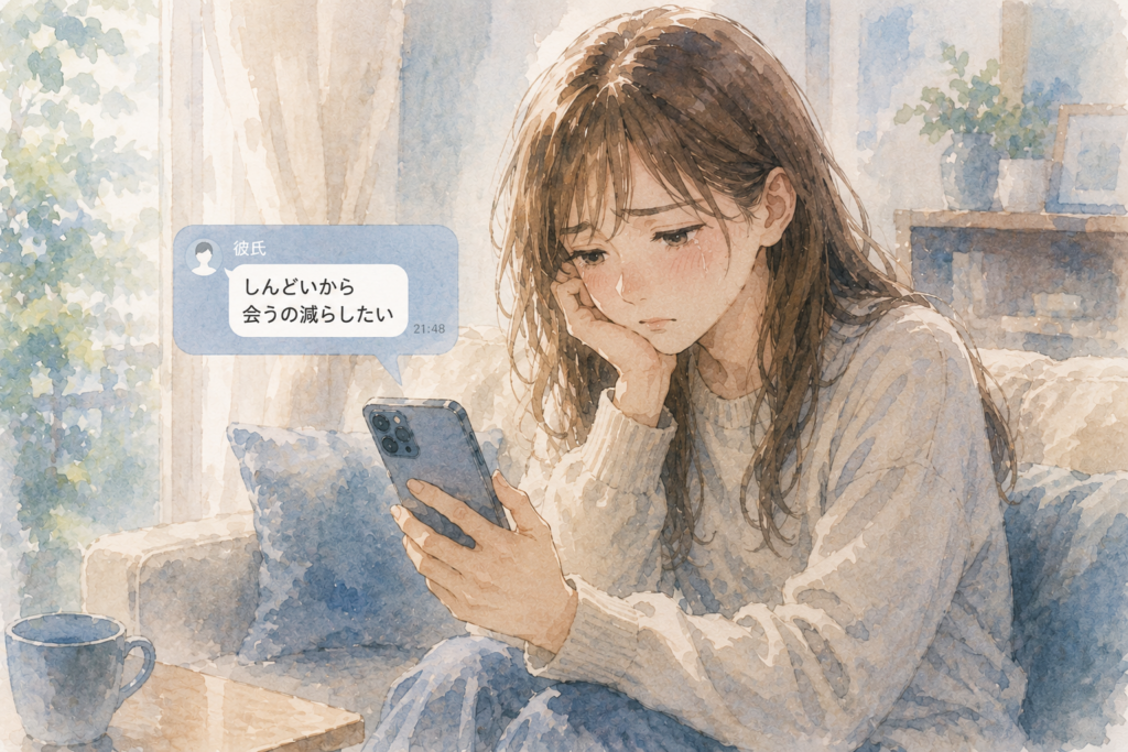彼氏から「しんどいから会うの減らしたい」とLINEが来て悲しい気持ちになる女性。会う頻度を減らしたいときのNGな伝え方。