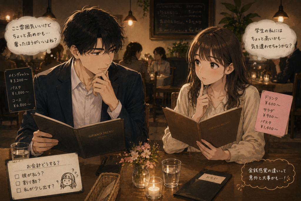 飲食店でお互いを気遣うカップル。懐事情などの配慮が大切なことを表現。
