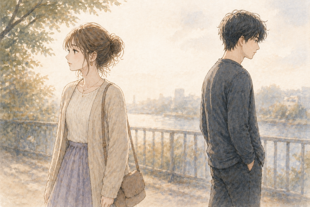 逆方向を向くカップル。嫉妬しないことは、愛がないことなのか。分からない状態を表現。