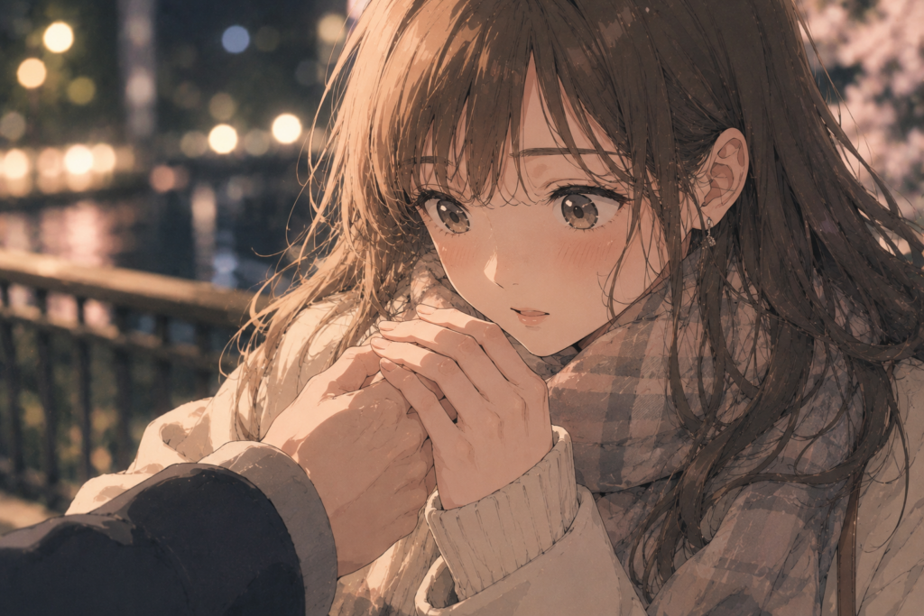 手を繋がれて相手が好きだと期待する女性。
