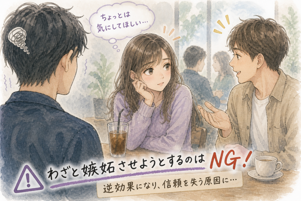 嫉妬させようと、わざと彼氏以外の男性と親しくする女性。
NG行動の事例を表現。
