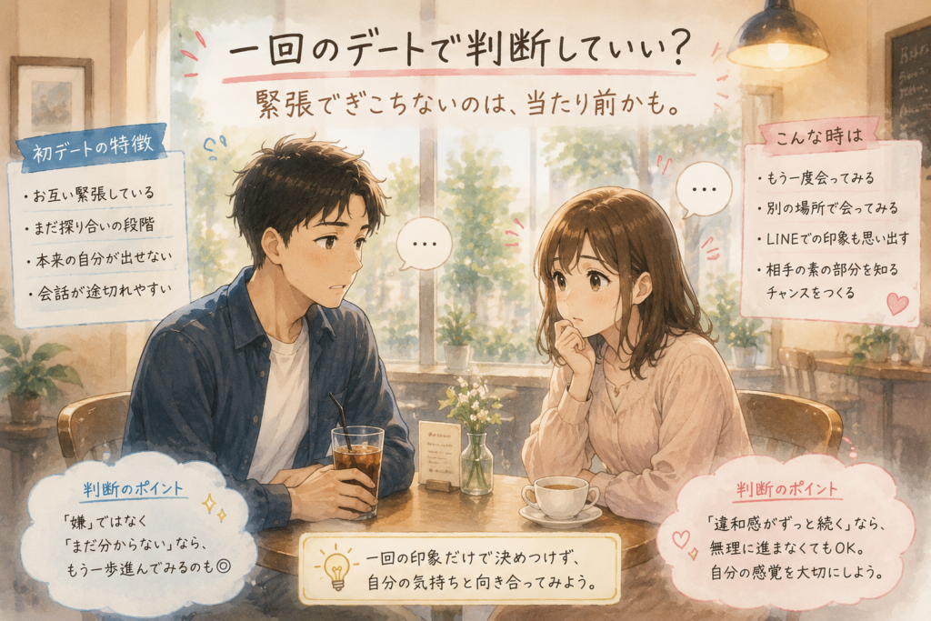 一回のデートで無理と判断すべきかをイラストとテキストで解説。