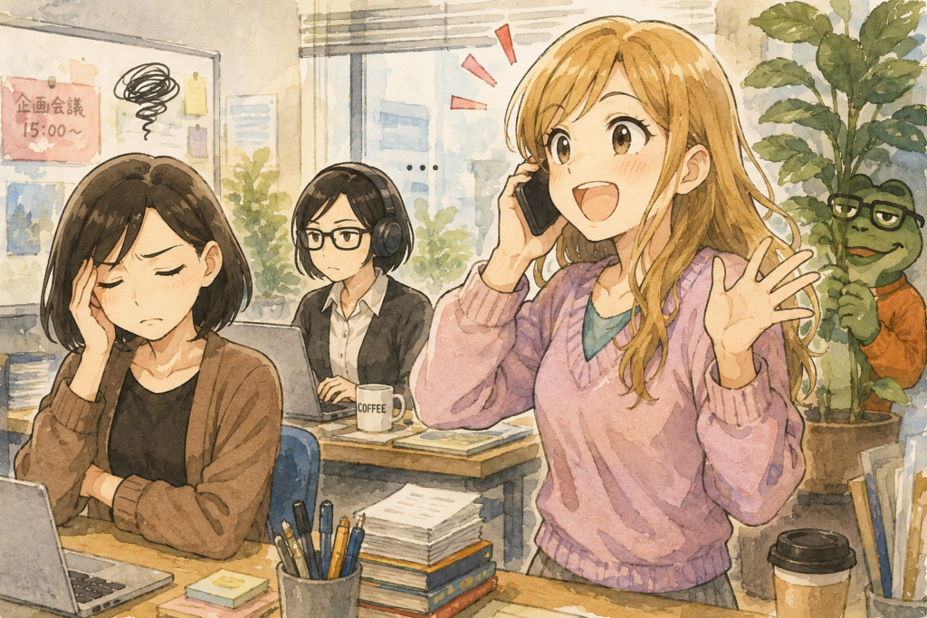 編集部で爆音通話するアカリ。呆れるナナ。