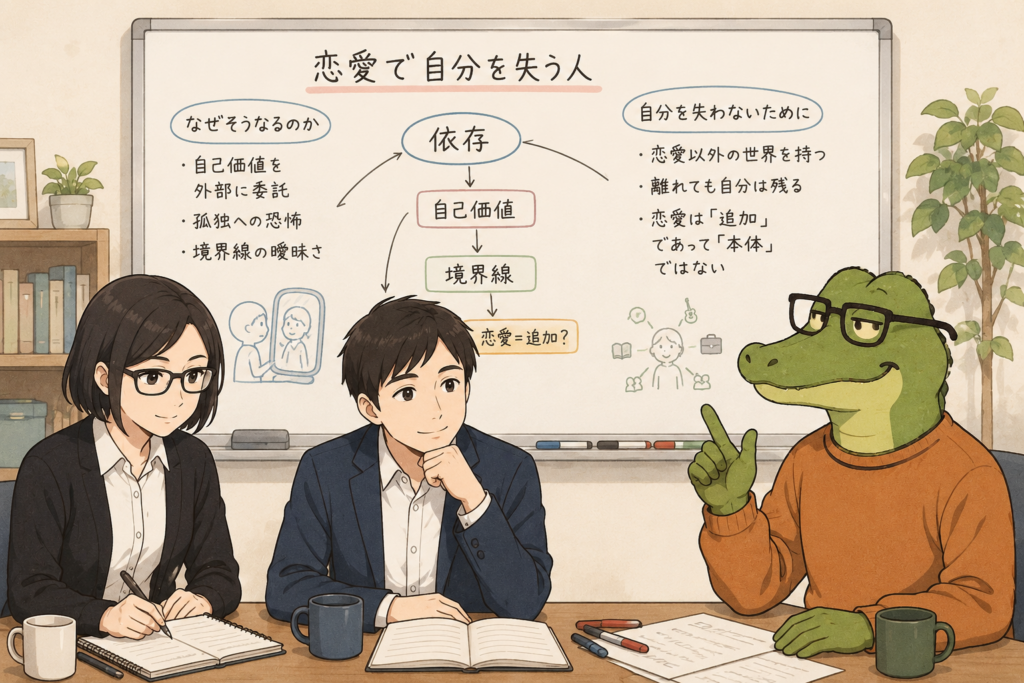 恋愛で自分を失う人を分析する、リク、ミカコ、ワニオ。