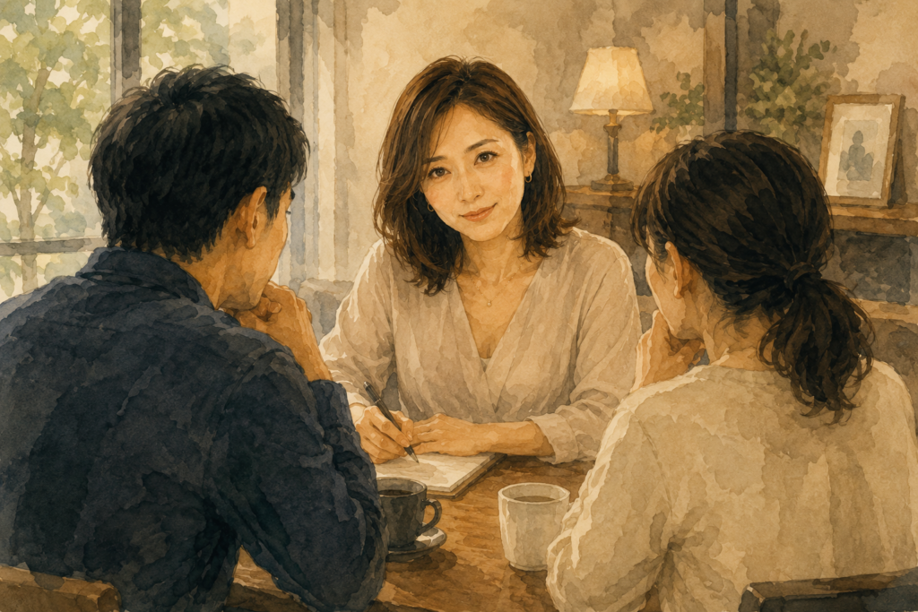 悩みを相談する夫婦と、それを聞くマリ。