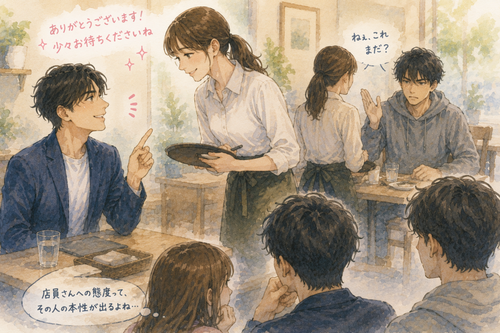 立場の弱い相手にも丁寧な人と高圧的に出る人の対比。