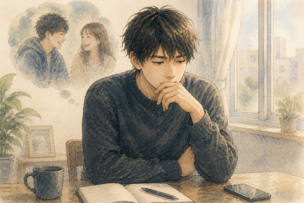 彼女のことを考えて自分がどう感じるか思考する男性。