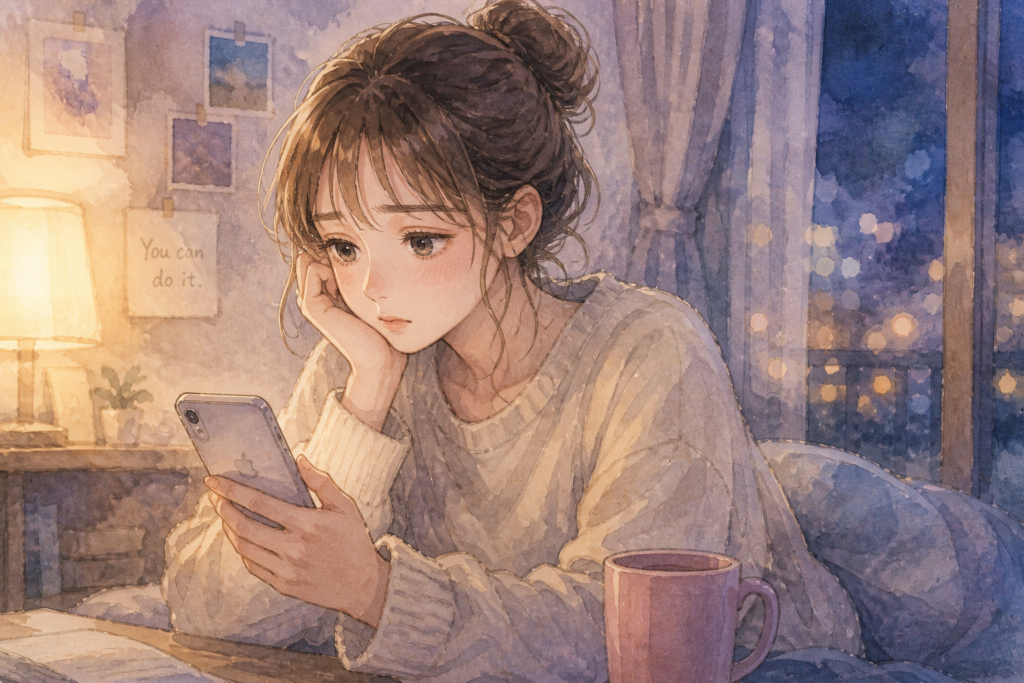 スマホを眺める女性。彼氏を愛してるが故に束縛しているイメージ。