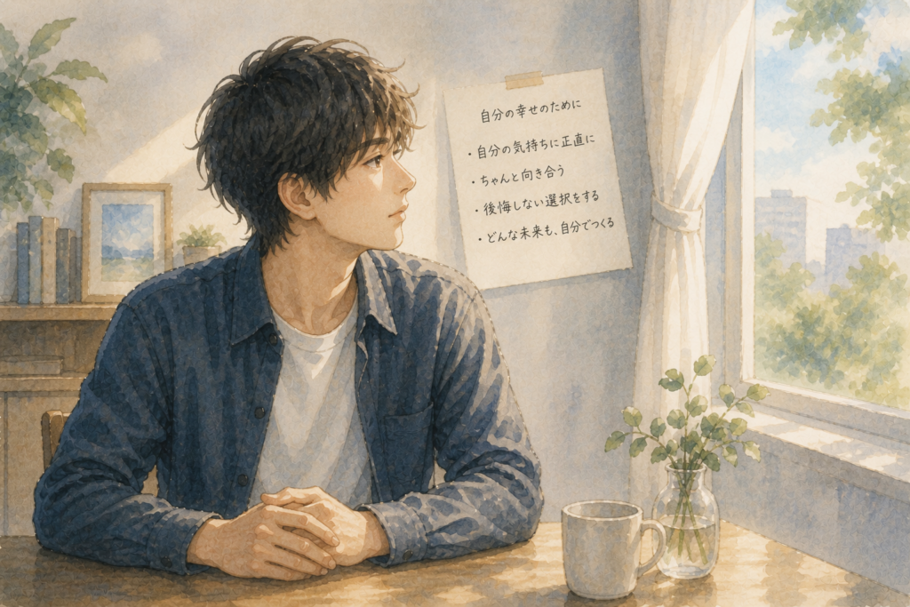気持ちの整理がついた男性と、今回のまとめのテキスト。