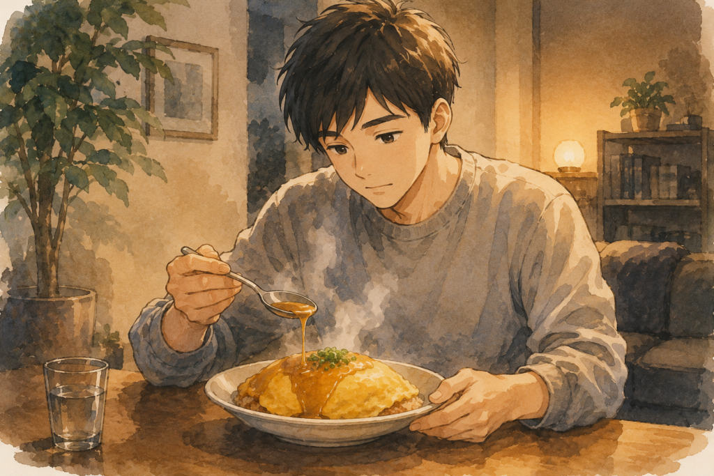 天津飯を食べるリク。