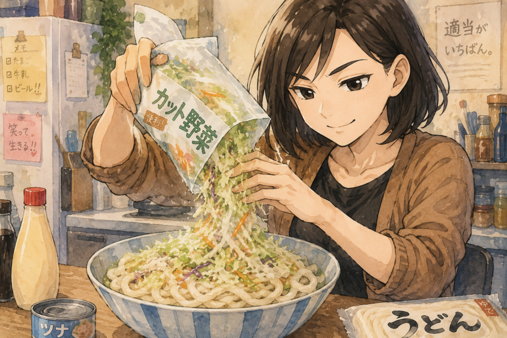 雑にサラダうどんを作るナナ。