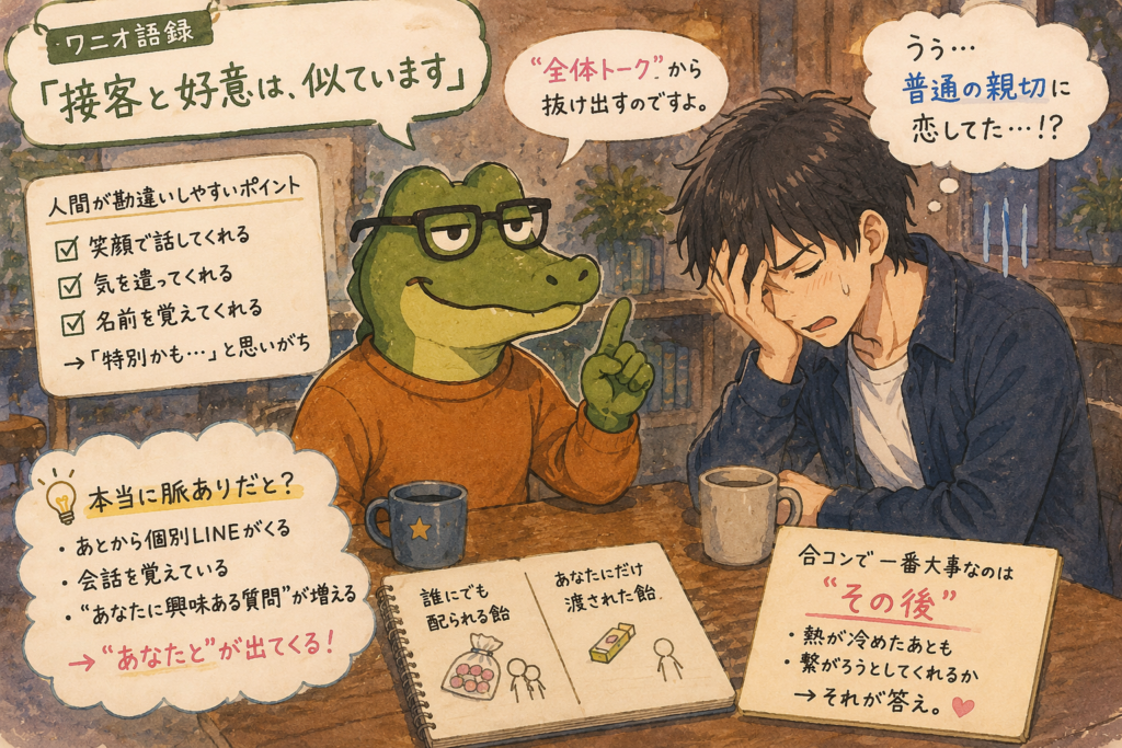 イツキに接客と好意は似ていることをレクチャーするワニオ。