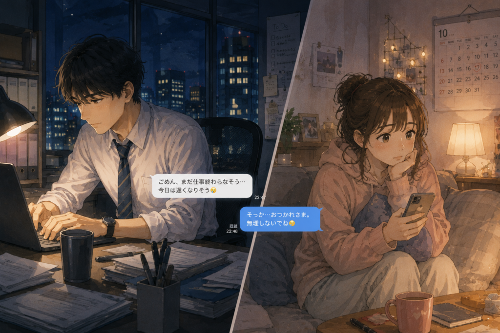 カップルでLINEやり取り。社会人の彼氏は仕事が忙しくなかなか会えない。