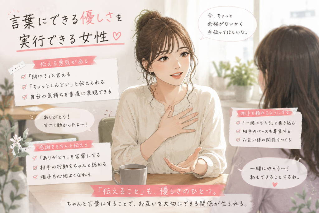 しっかり言葉にして相手に伝えられる女性。言葉にする優しさを実行できることを表現