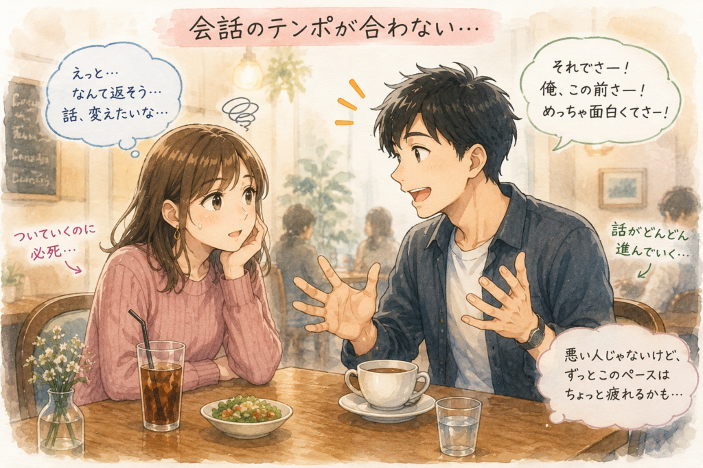 デートしているが会話のテンポが合わない男女。
