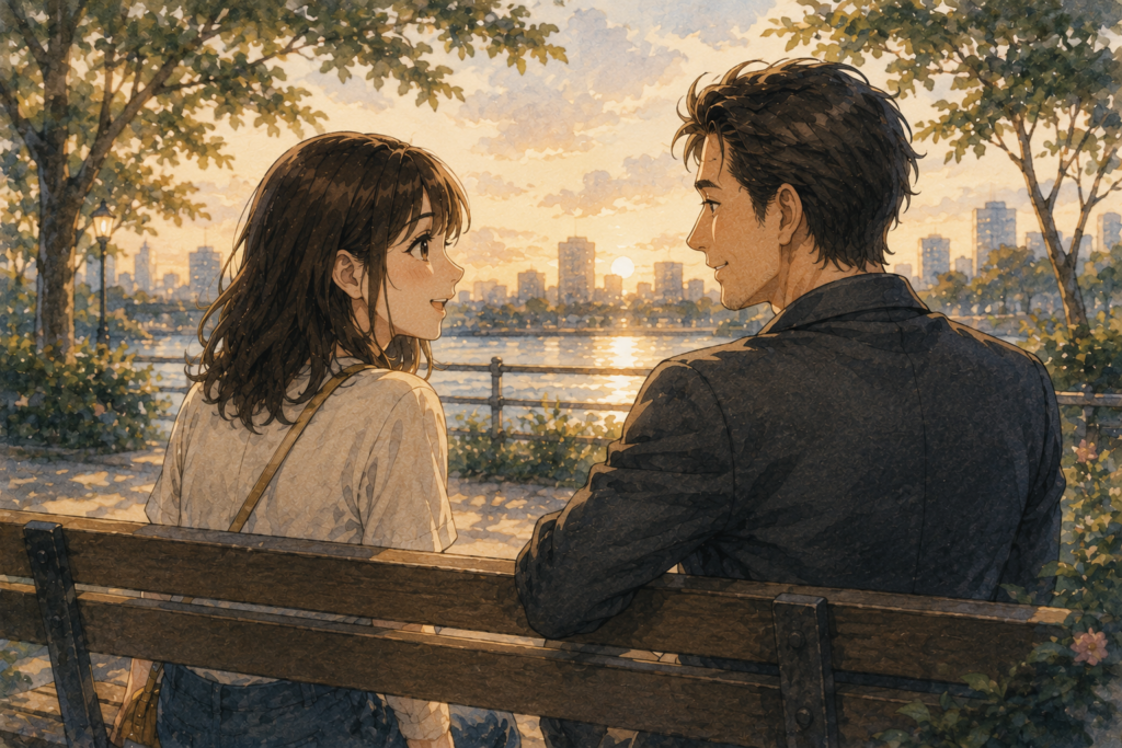 歳の差カップル。女性は男性の父性に惹かれているように見える。