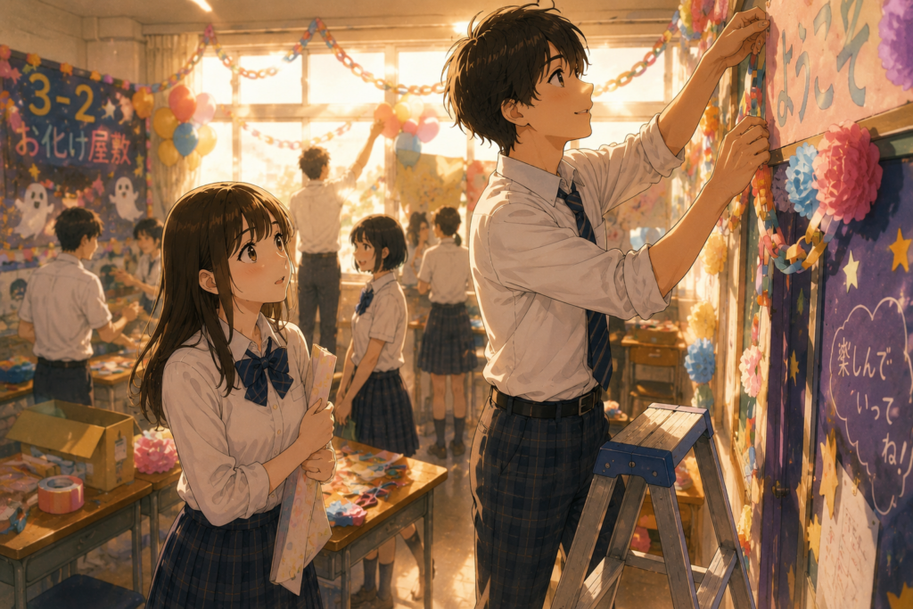 文化祭の準備中。先輩がかっこよく見える女子。