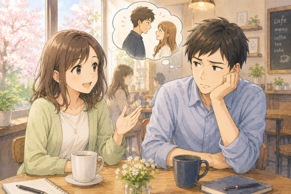 カフェにいるカップル。彼女の男友達の話を聞き関係を疑う彼氏。
