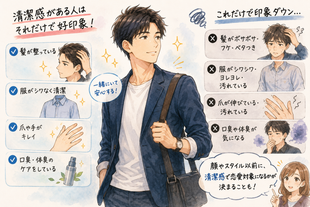 清潔感のたる男性。テキスト入りで好印象な理由を解説。