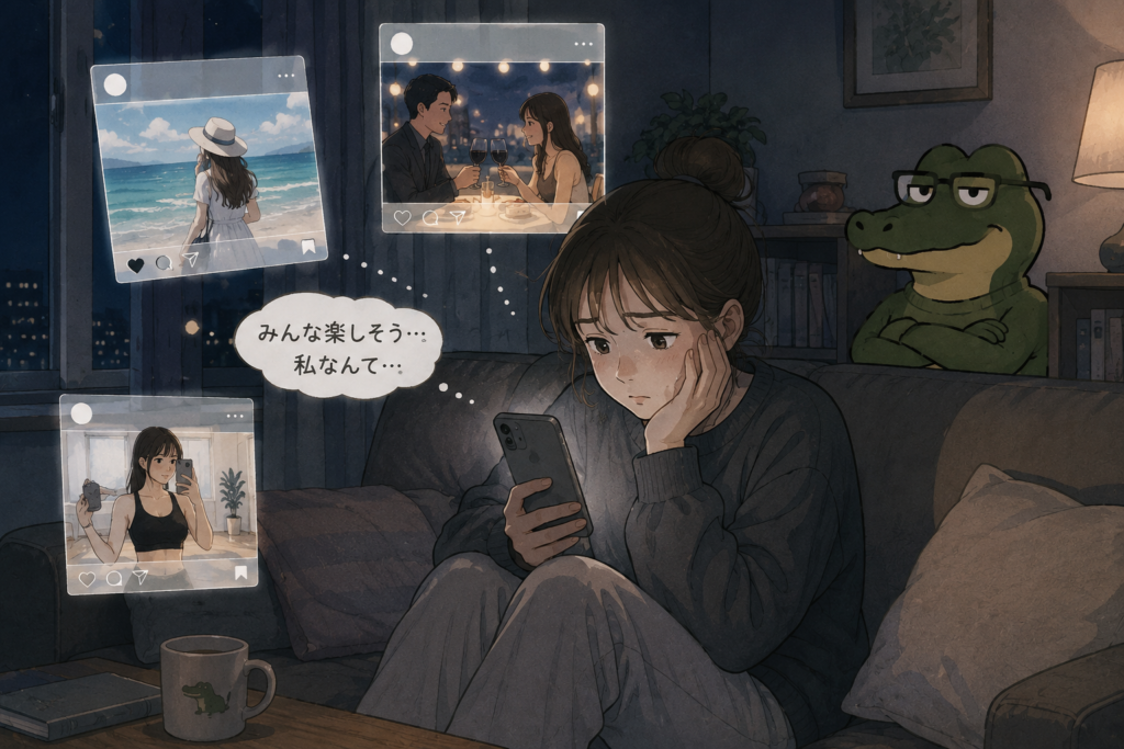他人のSNSの投稿を見て落ち込む女性。