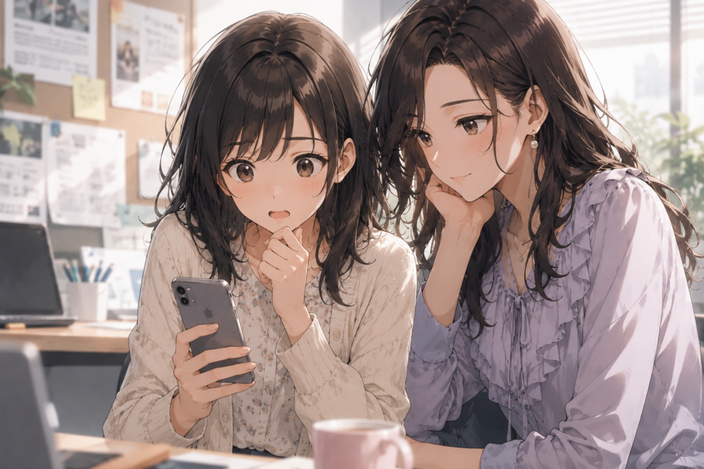 ミサキとのツーショット写真を見て自分との違いに驚くミユ。