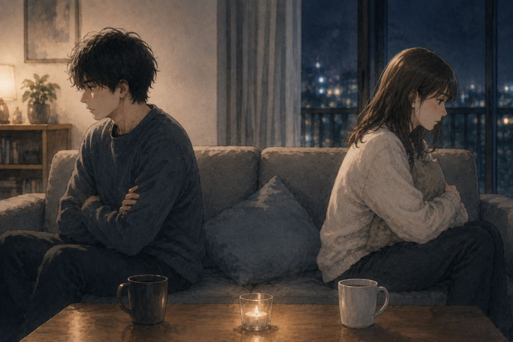 同じ場所にいるのに距離があるカップル。別れが近いことを示唆する画像。