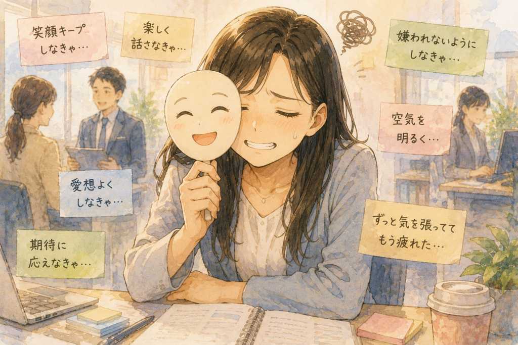 無理に愛想よく振る舞おうとして消耗する女性

