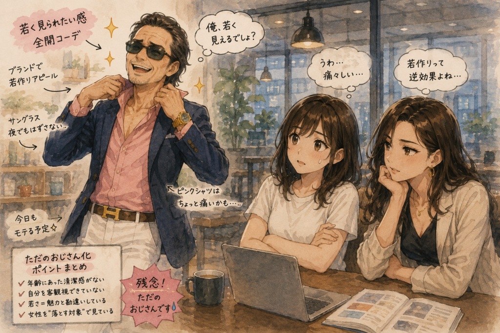 勘違いした若作りする男性。痛々しさを表現。