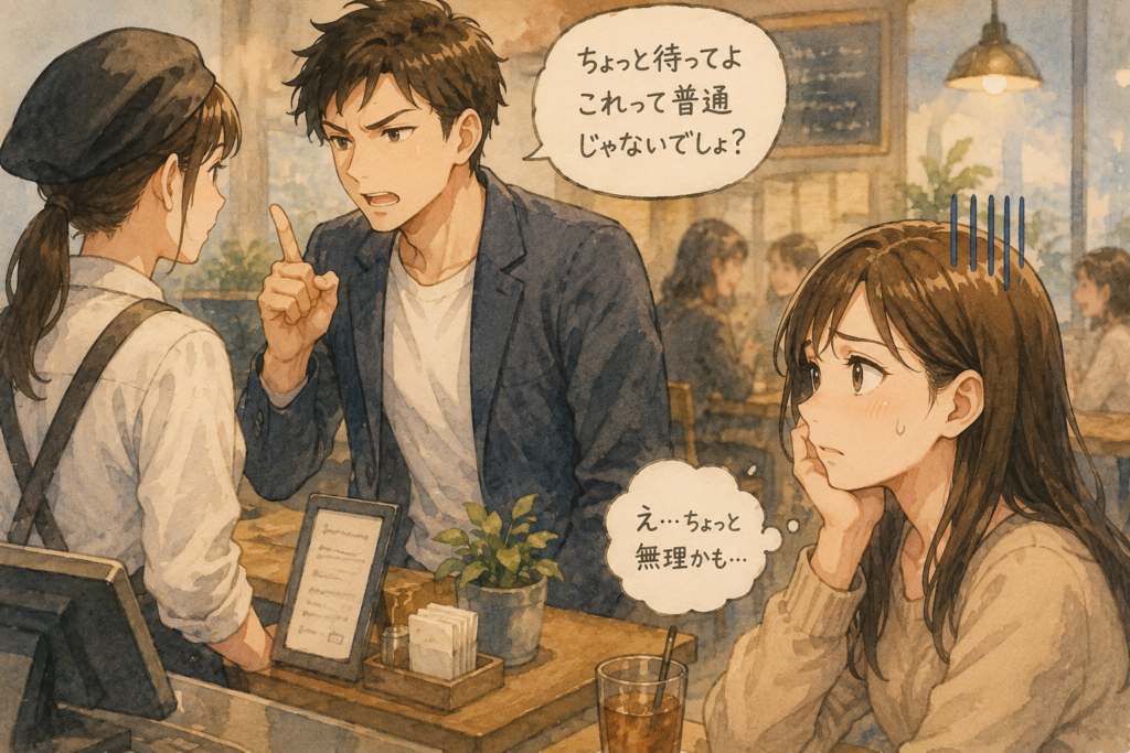 店員さんに偉そうな態度の男性。それを見て冷める女性。