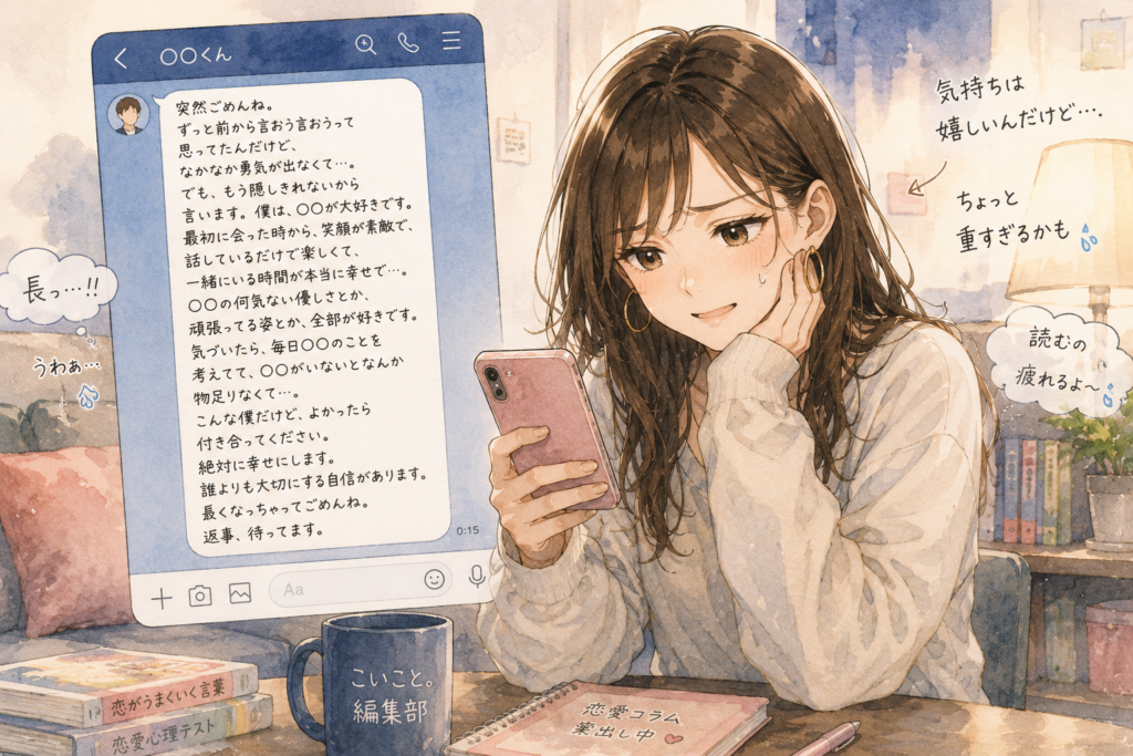 長文LINEで告白される女性。少し重たさを感じて引いている。