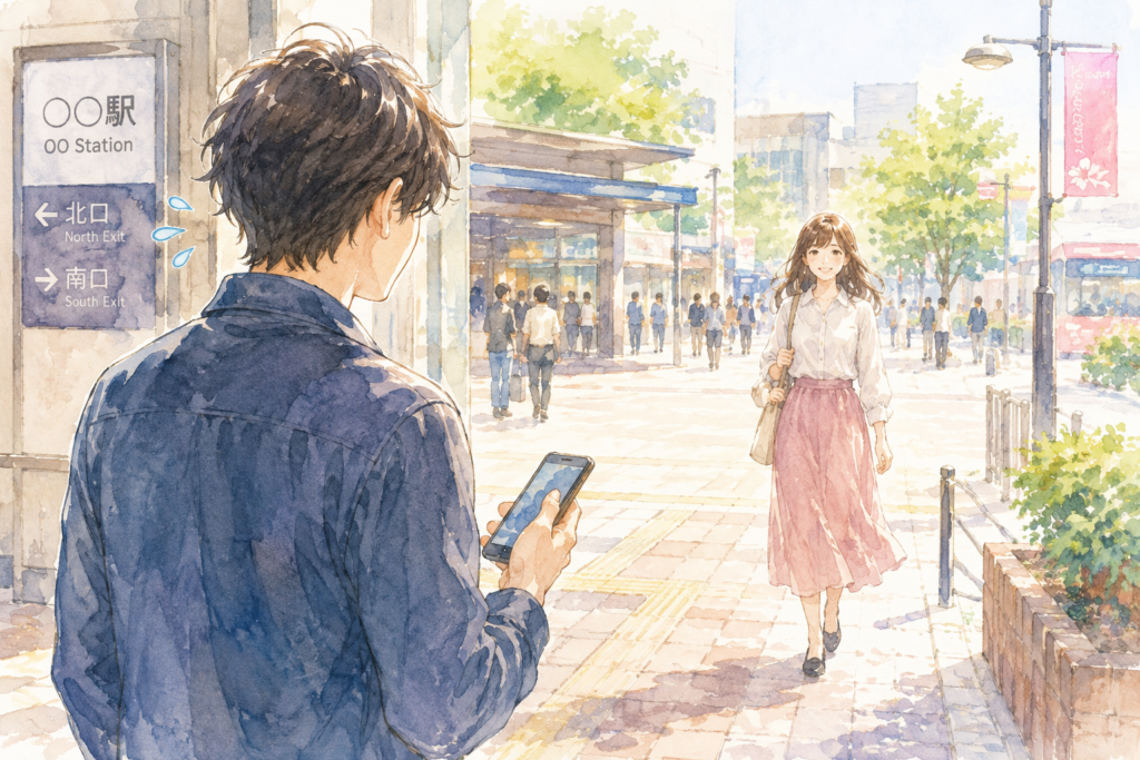 駅前で待ち合わせする男女。初デートを表現。