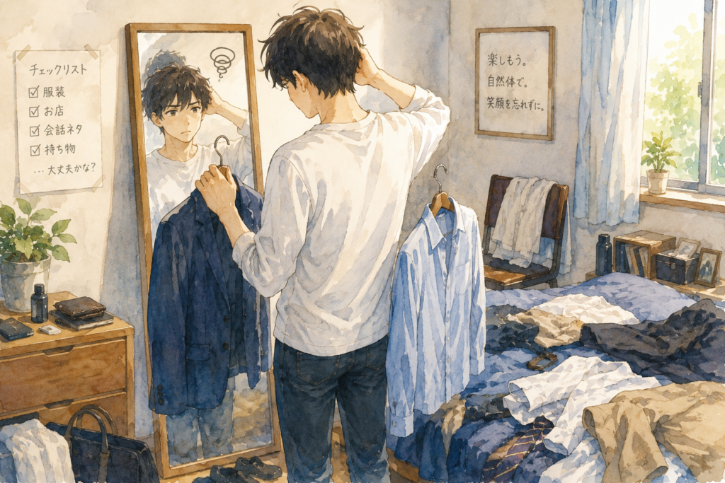 初デート前に服を悩む男性。