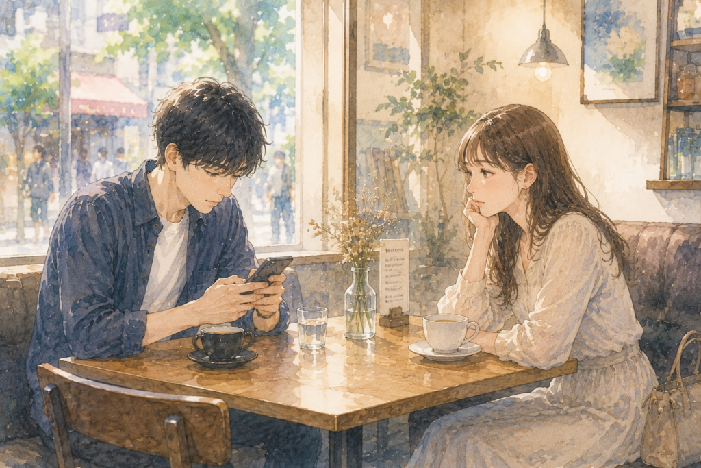 デートなのにスマホばかり見る男性。つまらなそうな女性。初デートの失敗例。