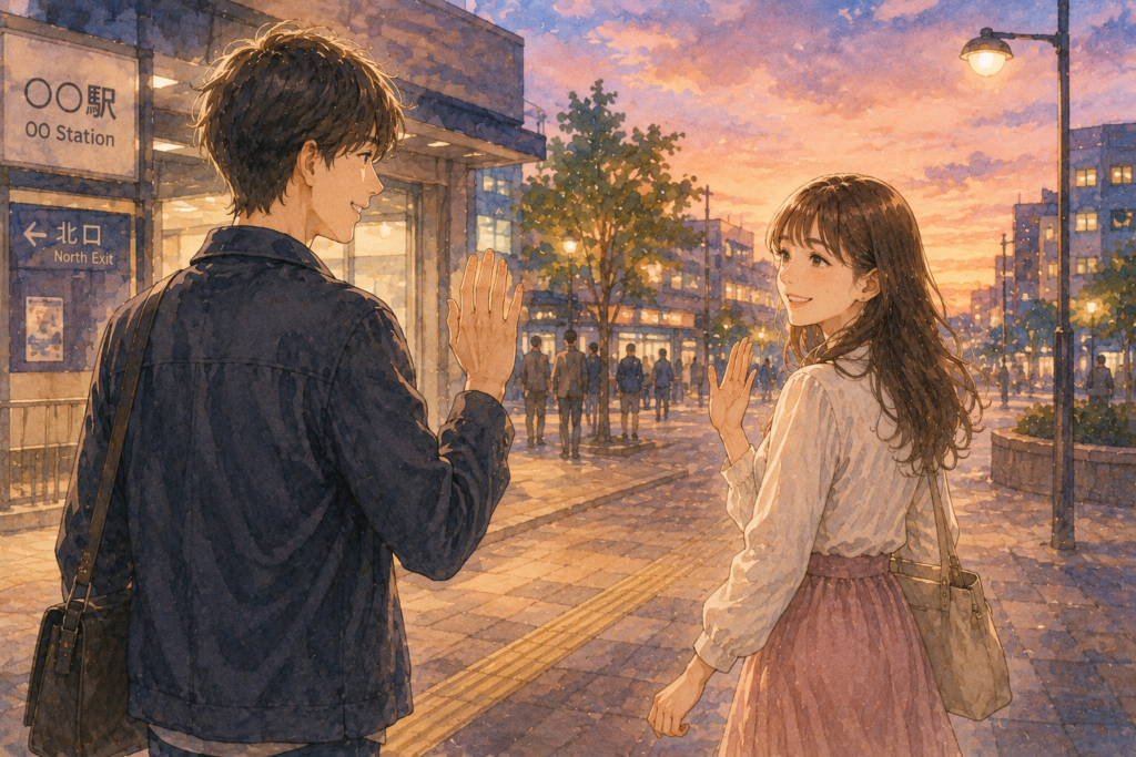 初デートの終わり。また会いたいと伝えて別れる二人。