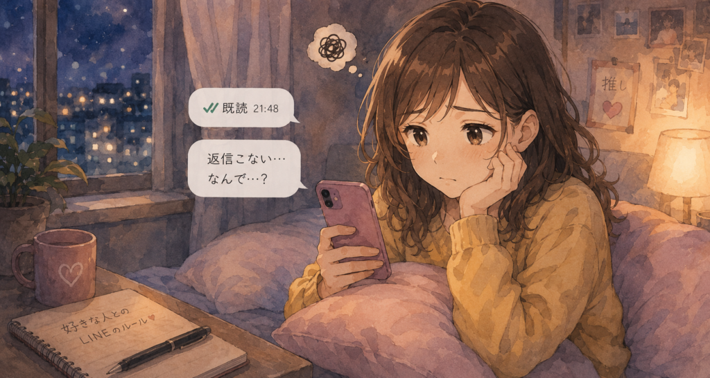 既読無視に不安になる女性。余裕のなさを表現。