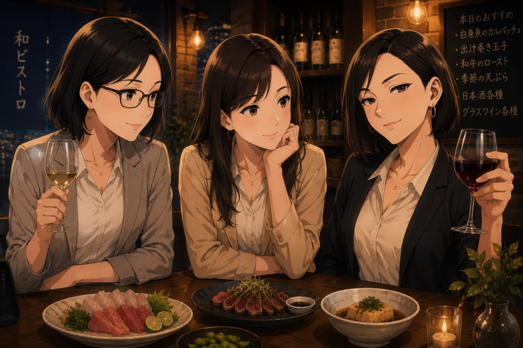 和ビストロで恋愛について語り合うナナ・ミカコ・ユキノ
