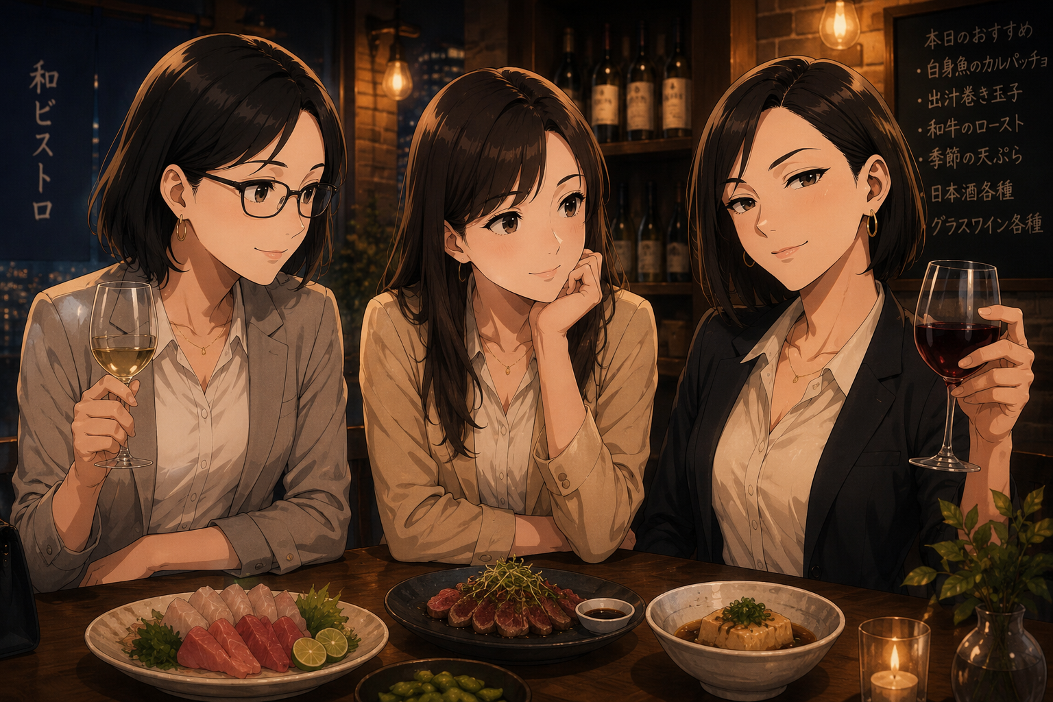 和ビストロで恋愛について語り合うナナ・ミカコ・ユキノ
