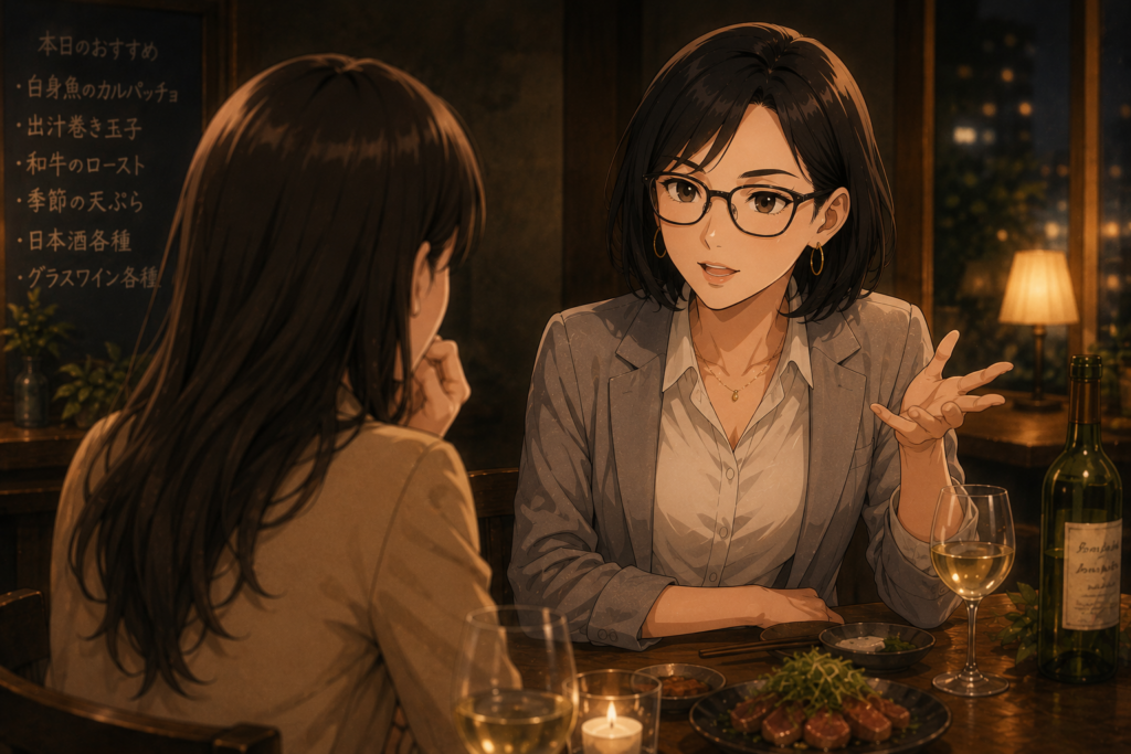 別れて後悔した恋について語るミカコと話をきくユキノ。