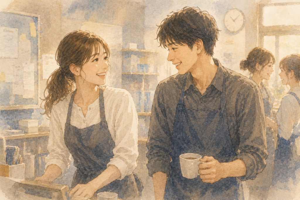 楽しそうに会話する中年男女。パート先の男性に惹かれている女性。