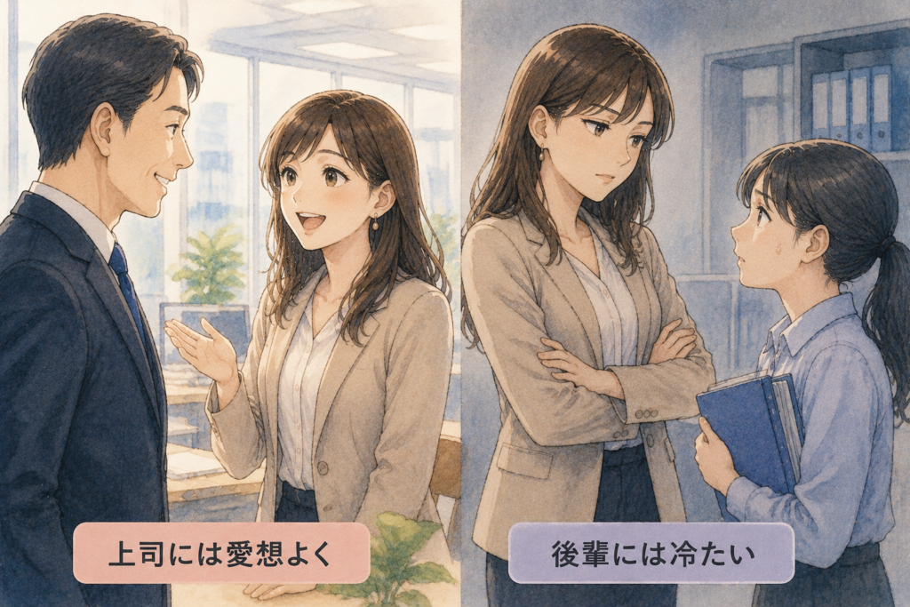 上司には愛想よく、後輩には冷たい女性。