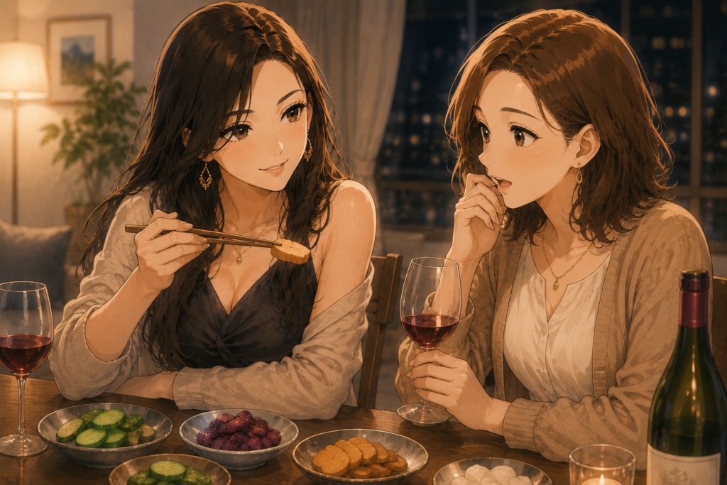 ワインと漬け物が意外に合って驚くマリ。