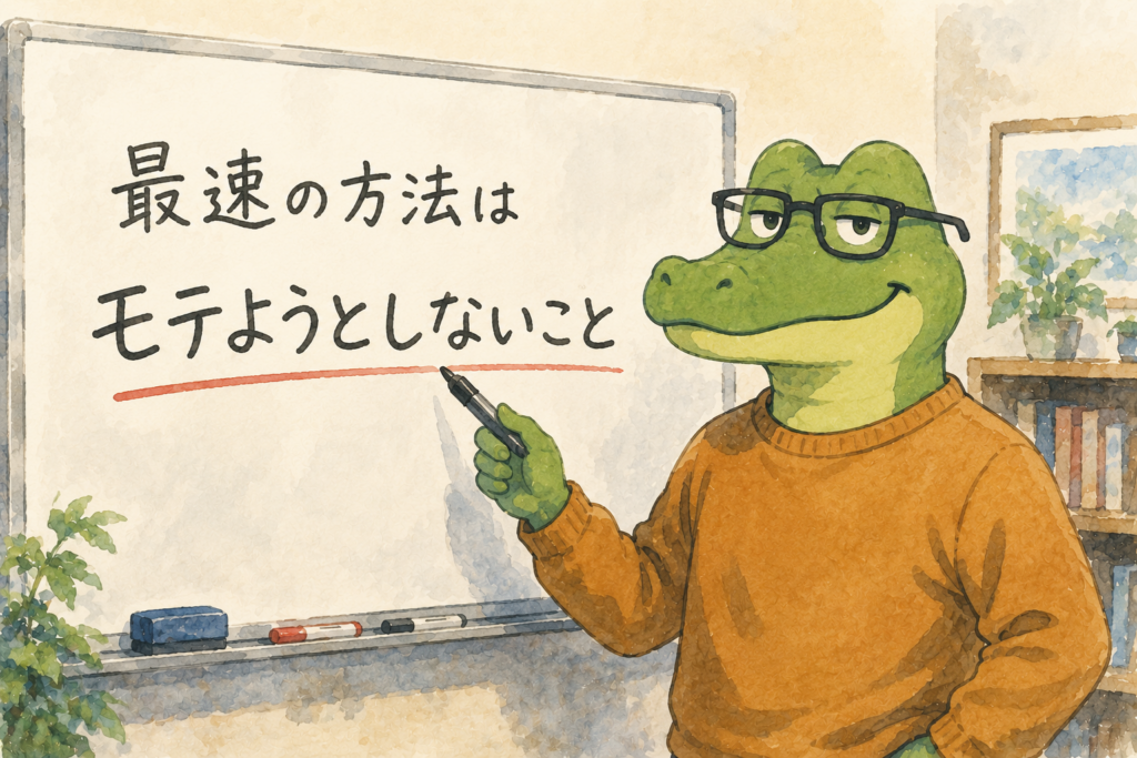 最速の方法はモテようとしないこと。と書かれたホワイトボードの前に立つワニオ。